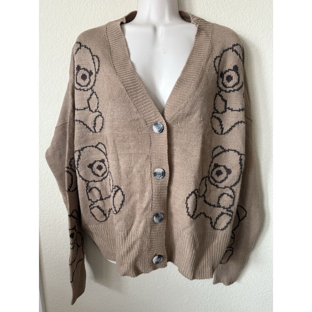Runaway Brown Teddy Bear V Neck Dolman Long Sleeve Button Up Cardigan Size M